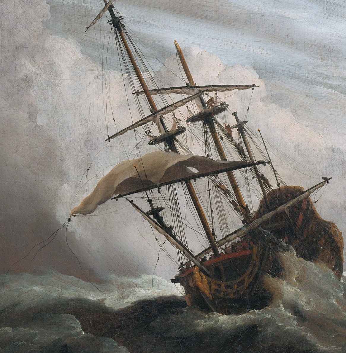 Its dramatic tilt and straining sails convey the immense power of the storm and the vulnerability of the vessel.