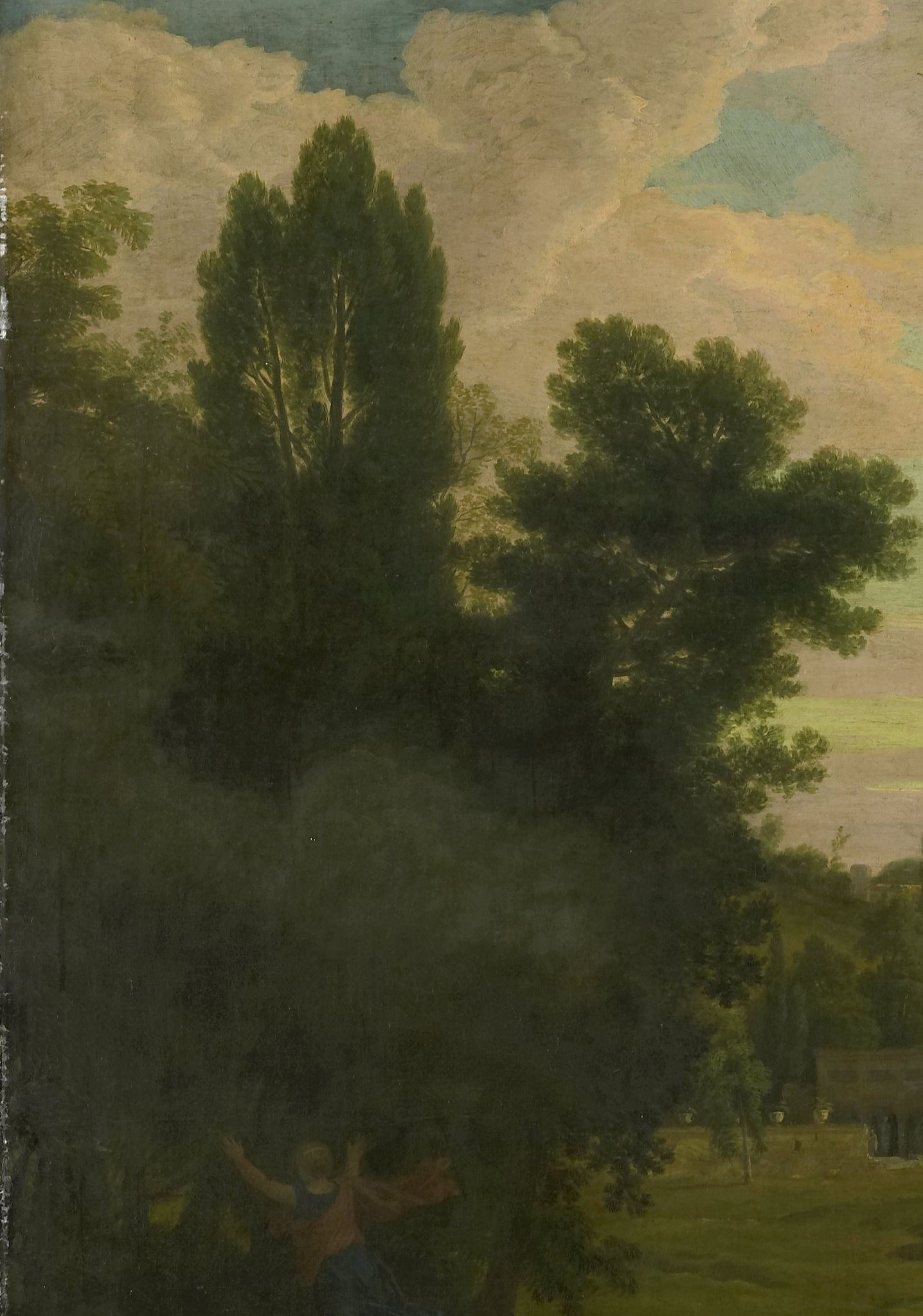 The deep shadows and rich greens of the foliage on the left provide a strong contrast to the lighter middle ground and sky.