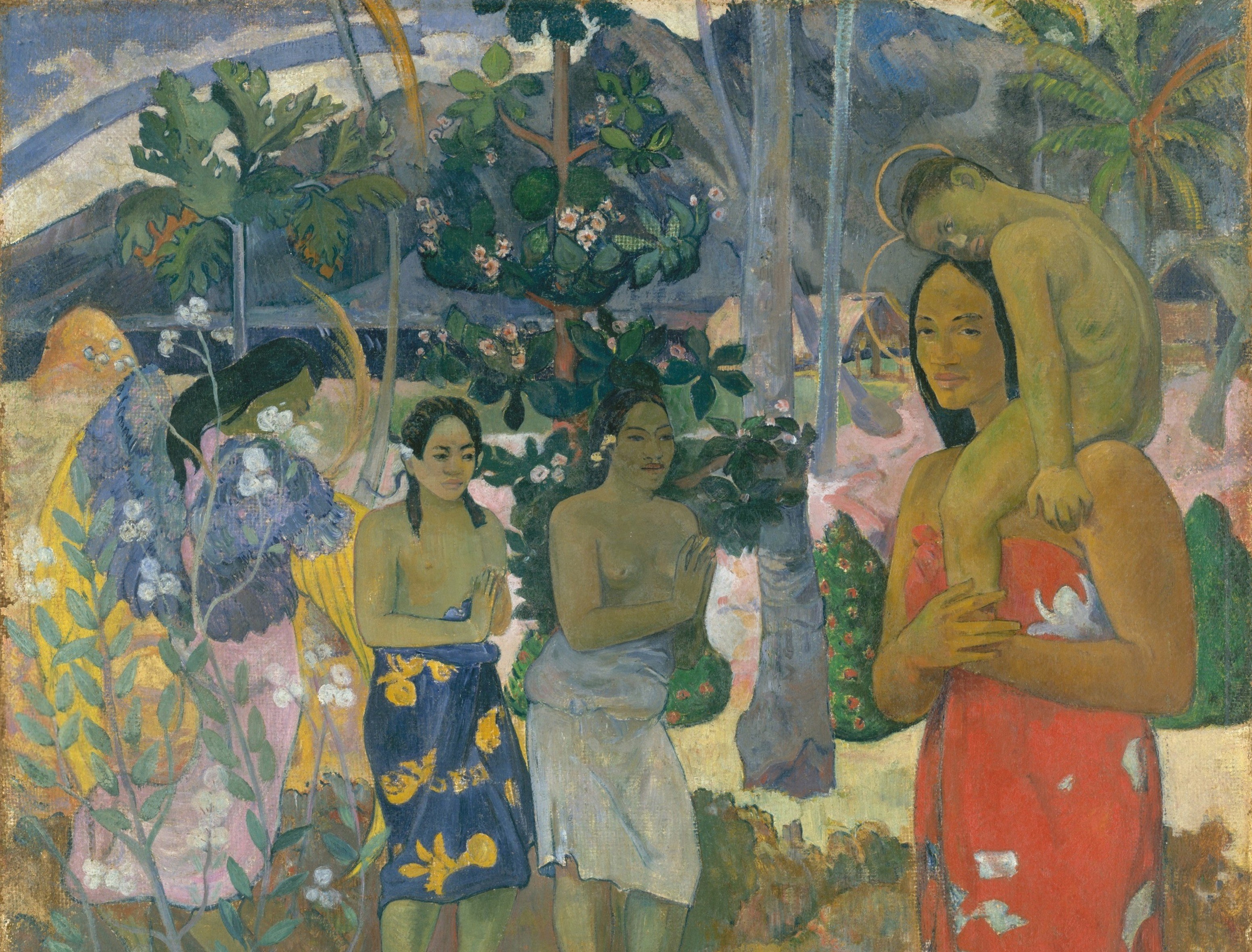 The green wall of foliage flattens depth entirely, eliminating Western perspectival recession and forcing all figures onto a single decorative plane , a technique Gauguin borrowed from Japanese woodblock prints.