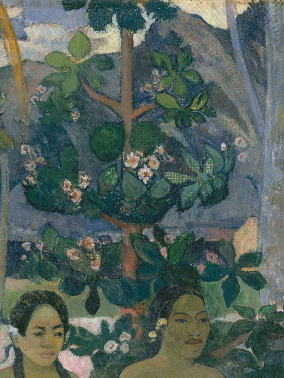 The Tahitian reimagining of the Christ child elevated above all figures signals divinity through height rather than Western iconography , Gauguin's syncretism in a single compositional choice.