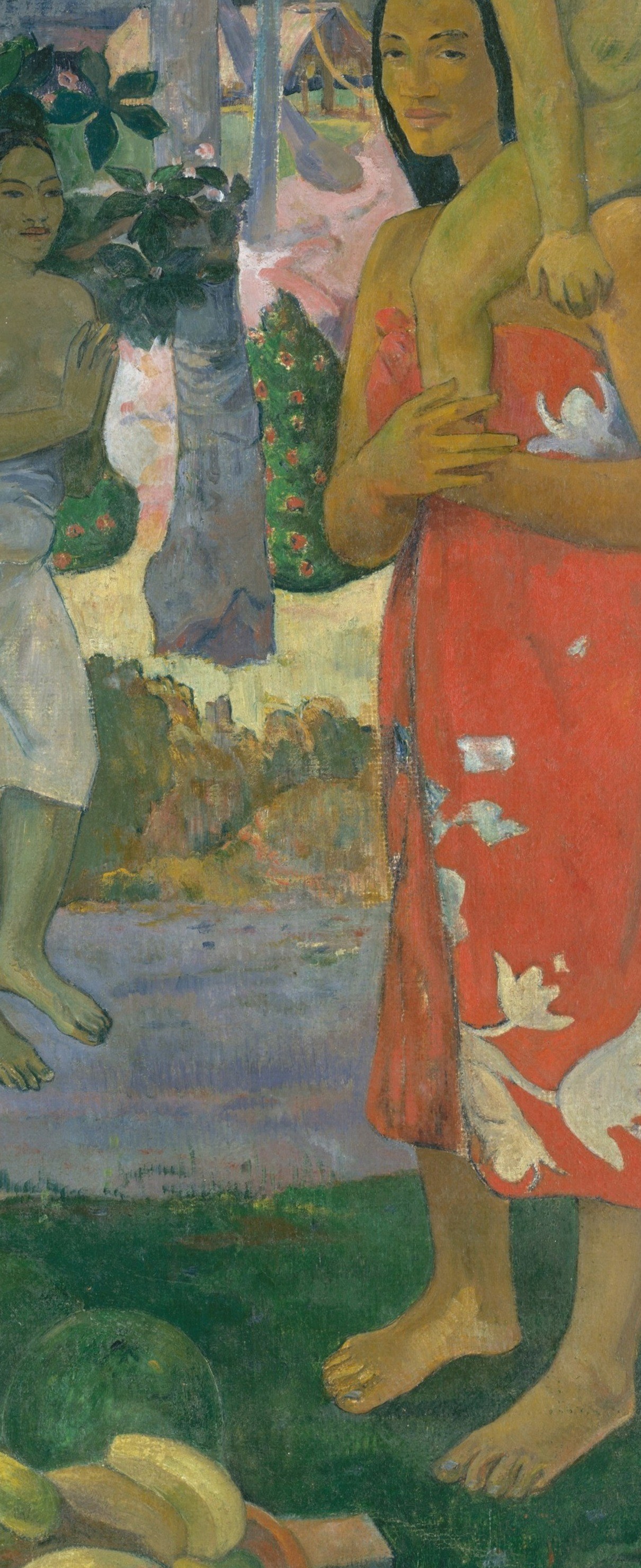 The most saturated figure in the composition , her crimson garment pulls the eye and her prayer gesture is the emotional anchor, communicating reverence across any cultural frame.