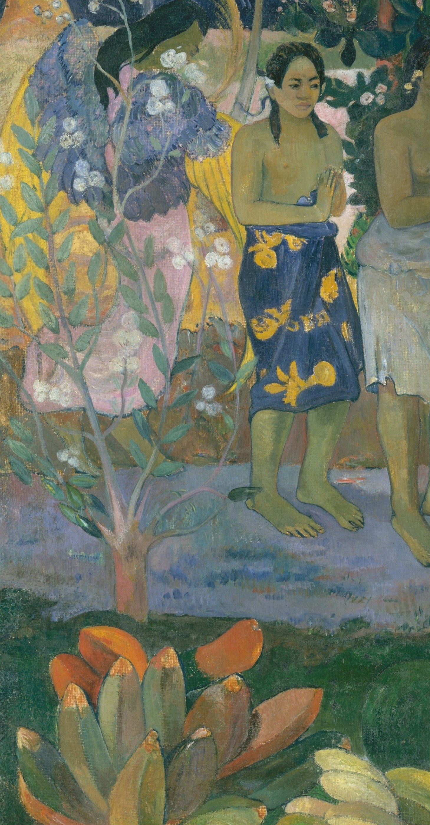 Her blue printed pareo creates the painting's cool counterweight to the reds and greens; the floral pattern speaks to Gauguin's admiration for Javanese batik and textile flatness.