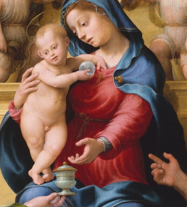The extended arm of the infant creates a living diagonal that unites left and right halves; his blessing gesture preannounces his ministry.