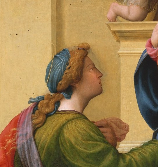 Her rapt upward look , one of the most direct human expressions in the panel , invites the viewer to share her devotion.