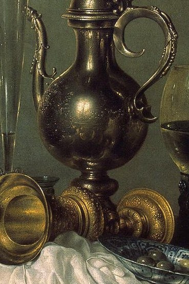 The curved pewter ewer carries a reflection of the entire table.