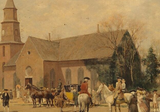The church is the painting's primary subject; its warm brick tones under golden light give the building a presence that dominates the composition and grounds the historical narrative.