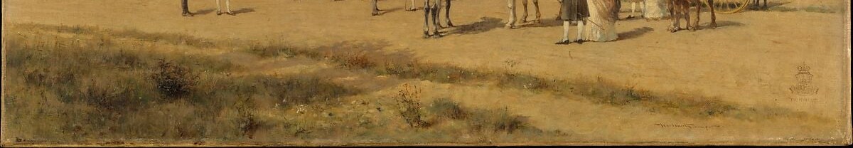 The bare earthen road with its ruts and ochre tones is historically telling , Williamsburg's streets were unpaved in the 18th century, and Thompson's rendering grounds the scene in material reality.
