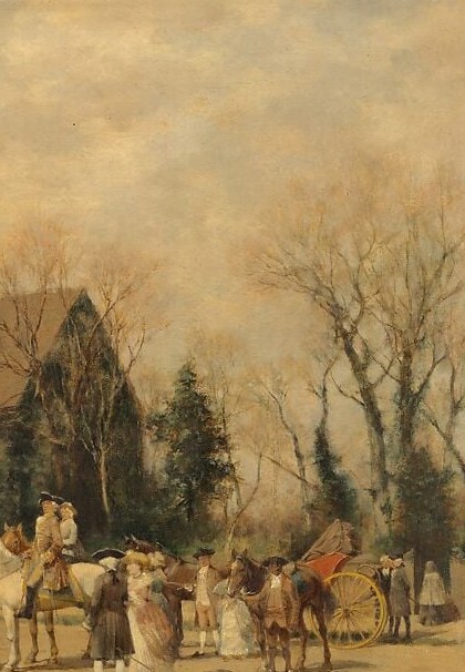 The stark bare branches against the pale sky push the season toward late autumn or early spring, lending the scene an elegiac quality that suits its retrospective historical mood.