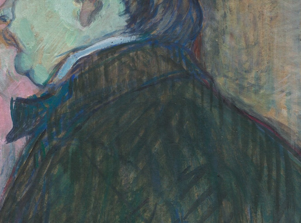 The hat's flat, blunt silhouette frames the head and creates a strong horizontal mass , Lautrec uses it to make the figure loom, a deliberate compositional weight against the airy pinks behind.
