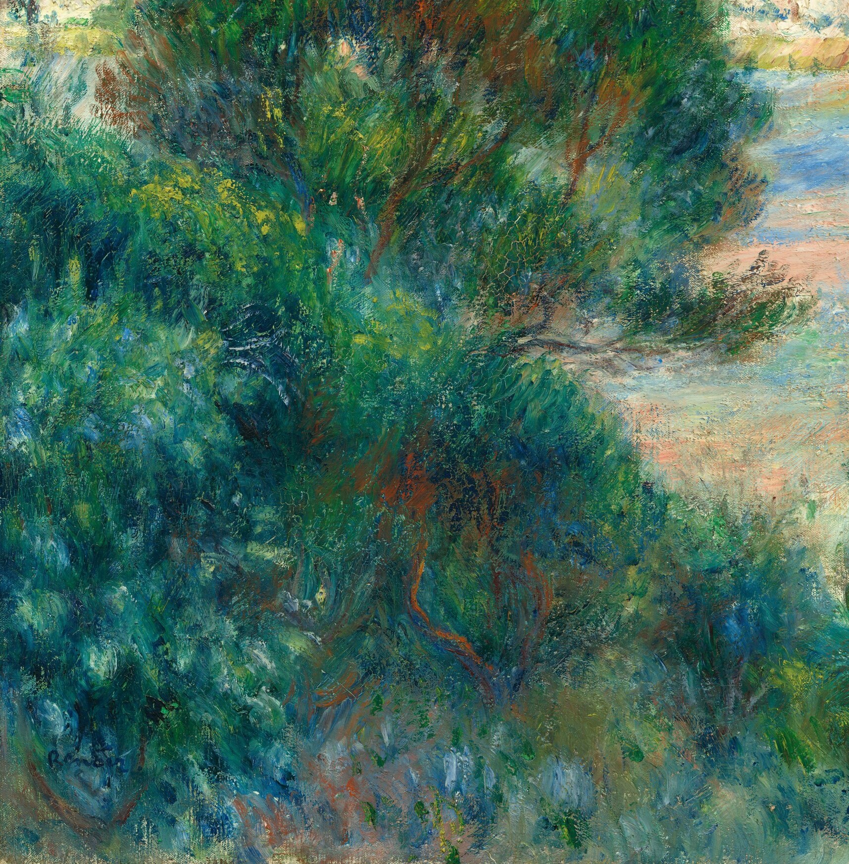 These trees frame the view and create a sense of depth, their textured brushstrokes inviting a closer look at nature's details.