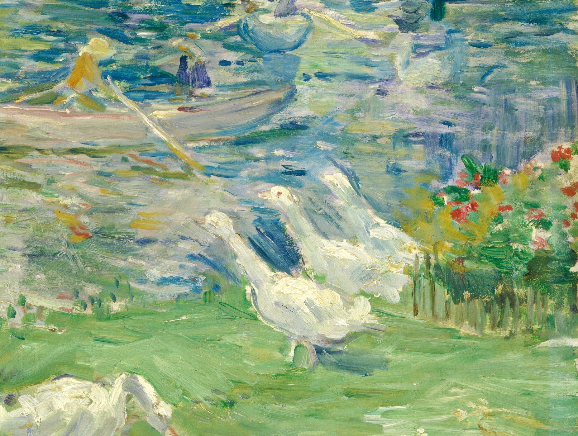 Her loose brushstrokes capture the dappled water reflections.