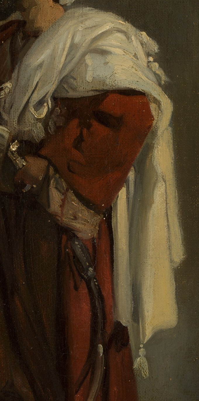 The soft folds of the shawl provide a textural contrast to the robe and add depth.