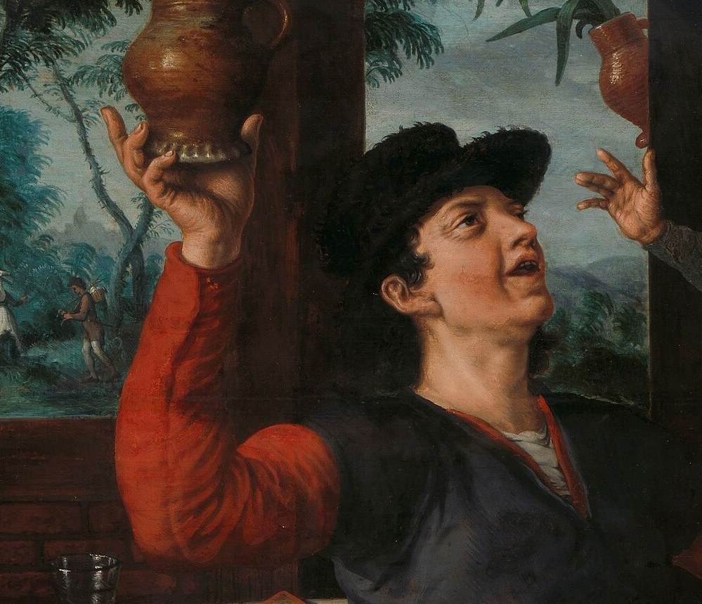 His ecstatic expression and raised jug suggest a moment of celebration or perhaps a toast before the 'egg dance' begins.