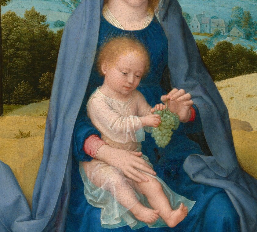 The chubby, semi-nude infant reaches toward an offered object, his pink flesh contrasting the deep blue of Mary's robe , David's skill with soft flesh tones on display.