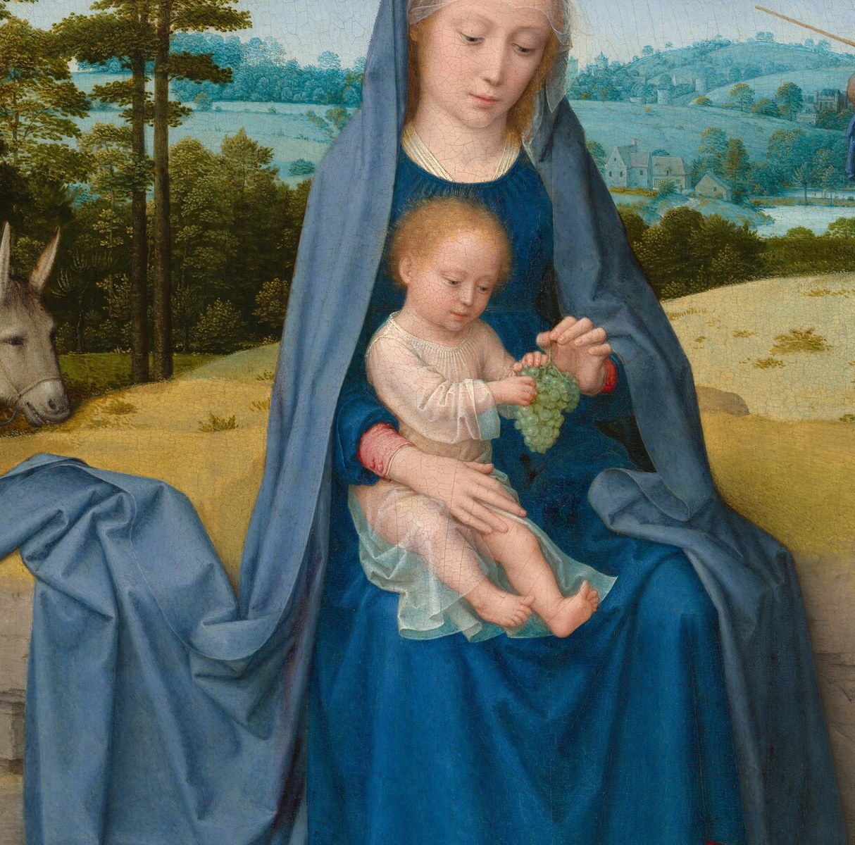 The cascading drapery in vivid ultramarine demonstrates Gerard David's mastery of fabric texture; the folds create a throne-like enclosure around the Child.