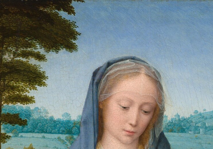 The two-layer head covering , white linen beneath deep blue , is a Marian iconographic convention that also showcases the painter's ability to render translucent fabric over solid.