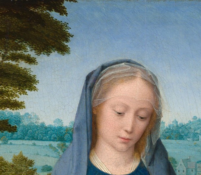 Her calm, slightly tilted face is the emotional anchor of the painting , a model of tender devotion rendered with Flemish precision in every eyelid and lip.
