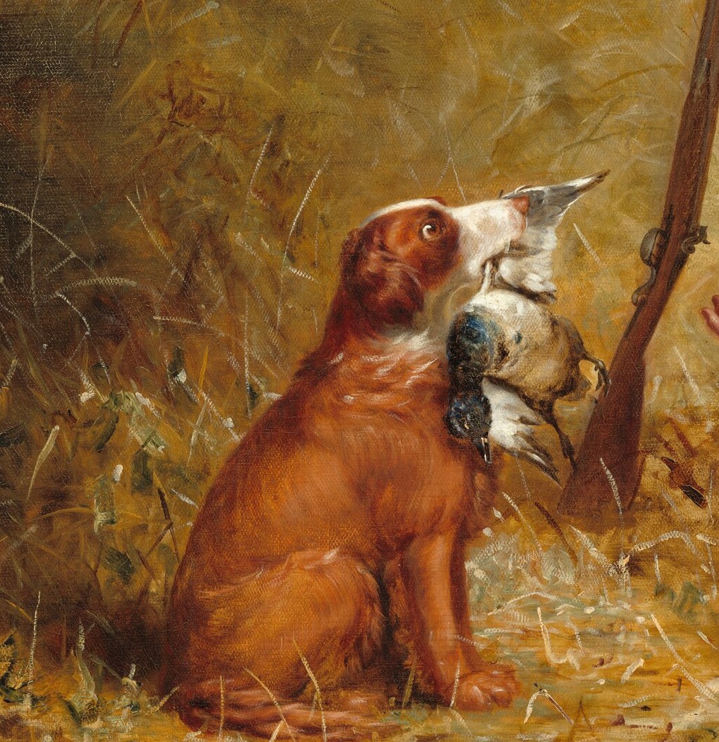 The dog holds a bird gently.