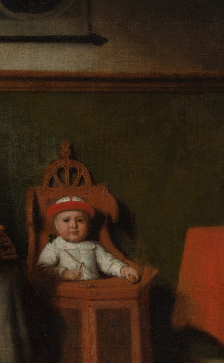 The child's confinement in the highchair is a practical joke embedded in the composition , the only way the woman can work is to cage the child; the falling cap signals he has been tumbling.
