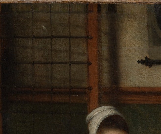 Her absorbed downward gaze is the emotional anchor of the painting , total concentration that excludes the viewer entirely, a hallmark of Maes's genre interiors.
