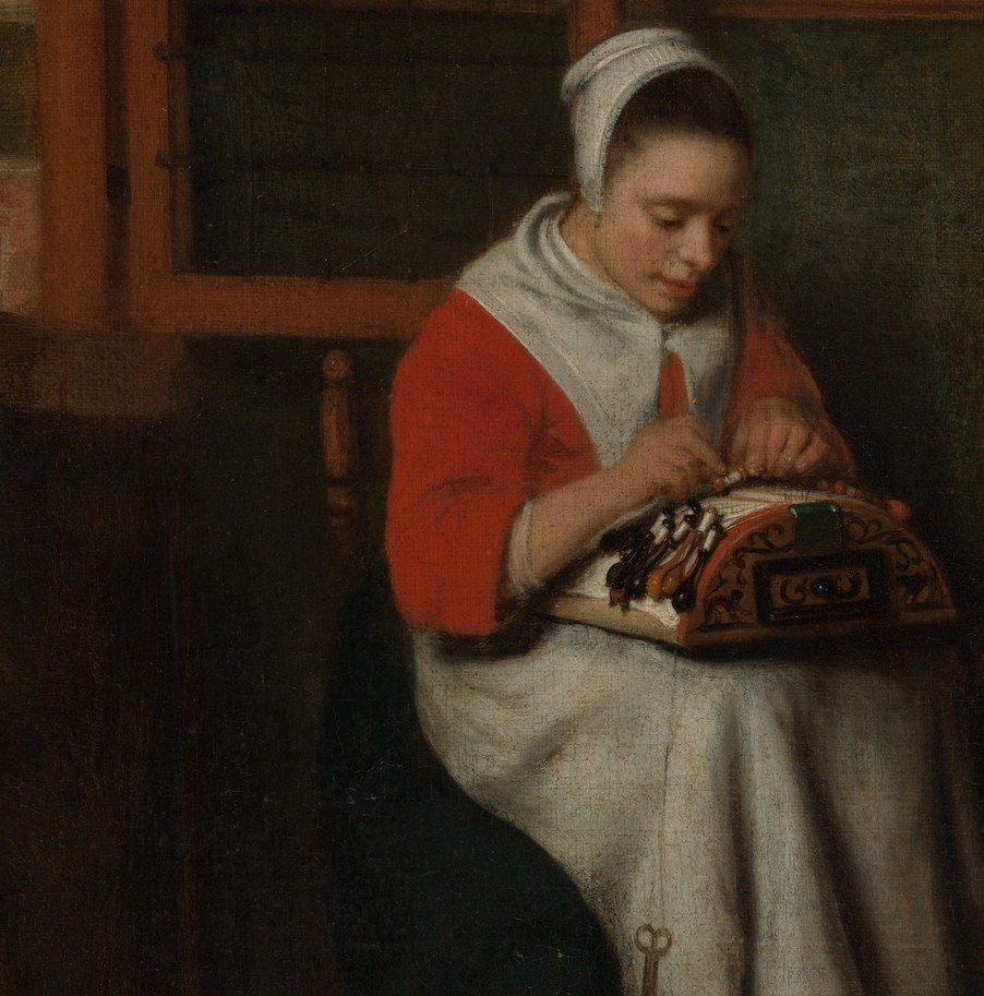 The pairing of red dress with white apron is a recurring costume in Maes's lacemaker series, functioning almost as a type-costume for the virtuous domestic woman in Dutch genre painting.