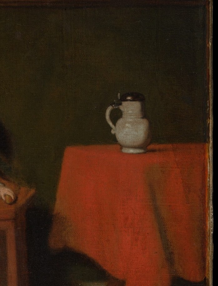 The saturated crimson cloth is a compositional counterweight to the lacemaker's red dress and anchors the warm color scheme typical of Maes's domestic interiors.