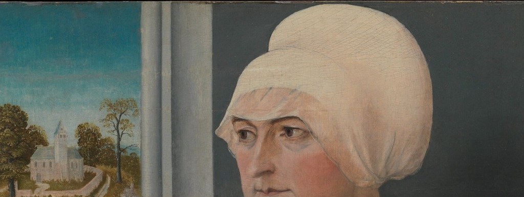 Her wimple’s crisp folds announce married respectability.