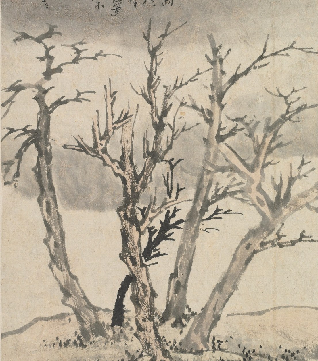 The gnarled, bare trees symbolize resilience in harsh conditions.