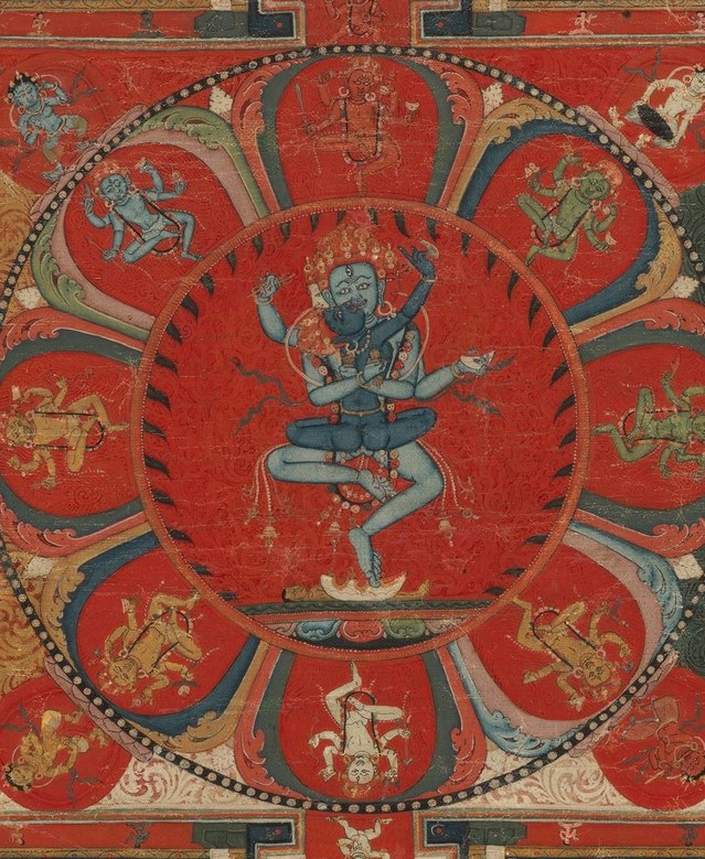 This architectural element grounds the composition and represents a sacred palace or dwelling.