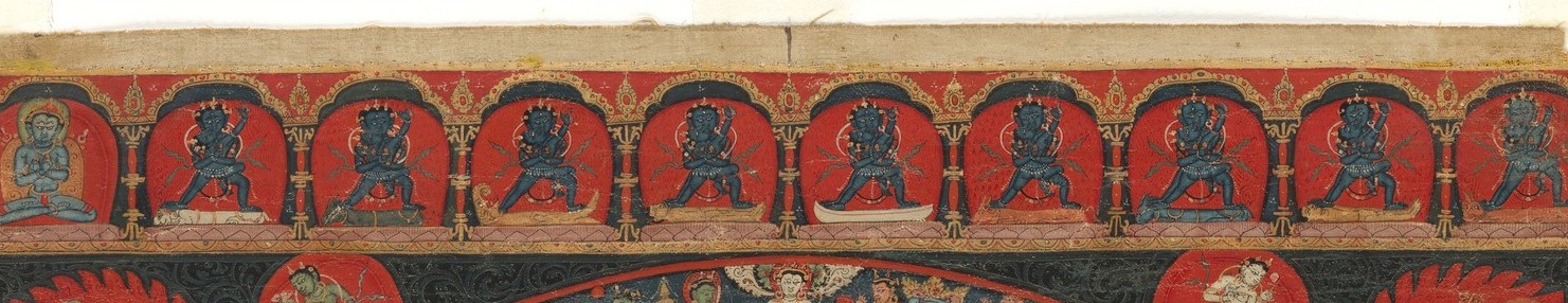 These figures, arranged in a repeating pattern, might represent celestial beings or guardians.