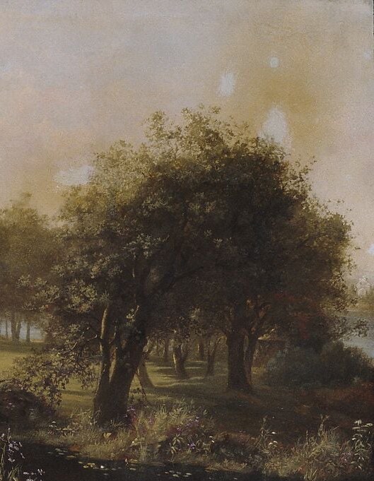 Classical coulisse framing device; the depth of shadow against the sunlit estate creates the painting's main tonal drama