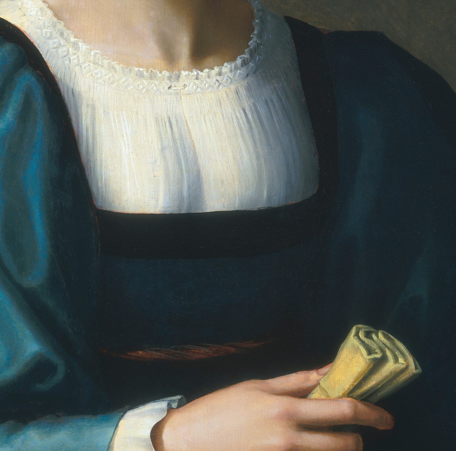 The shimmering, almost liquid quality of the fabric highlights the artist's mastery of light and shadow on silk.