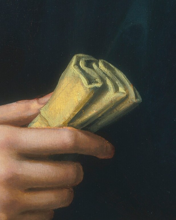 The delicate rendering of her fingers and the way they grasp the paper convey a sense of refinement and control.