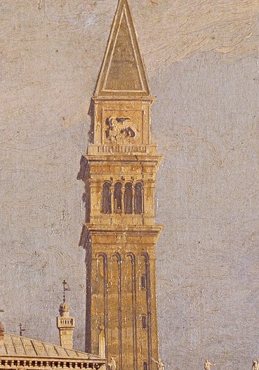 The towering bell tower anchors the cityscape, its height and detail conveying the grandeur of Venice.