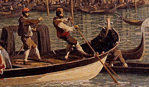 The dynamic pose of the rowers shows the physical labor and skill required for Venetian transport.