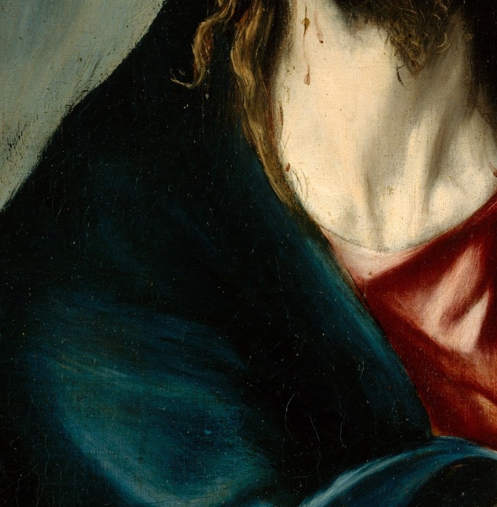 Palm turned outward in a gesture that oscillates between supplication and offering; the foreshortening is a virtuoso passage of El Greco's draftsmanship.