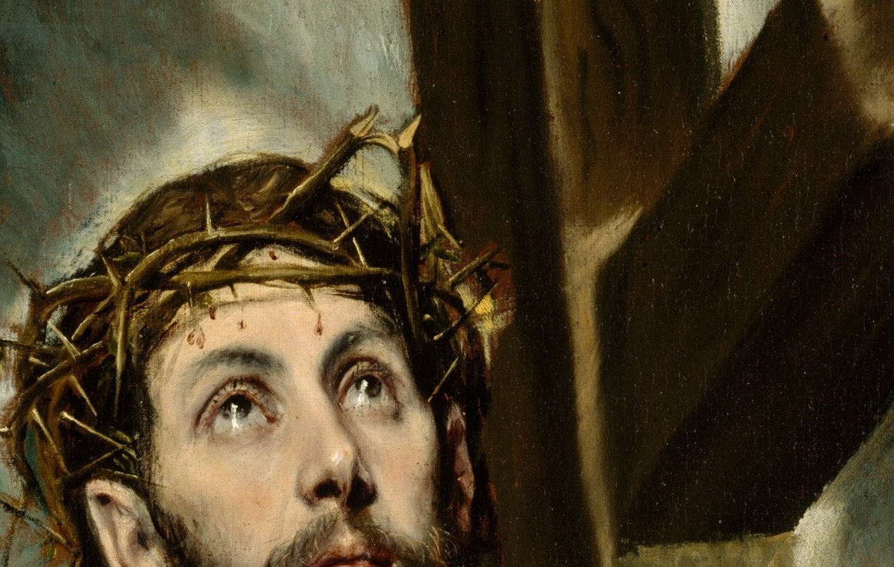 His eyes are lifted toward something we cannot see.