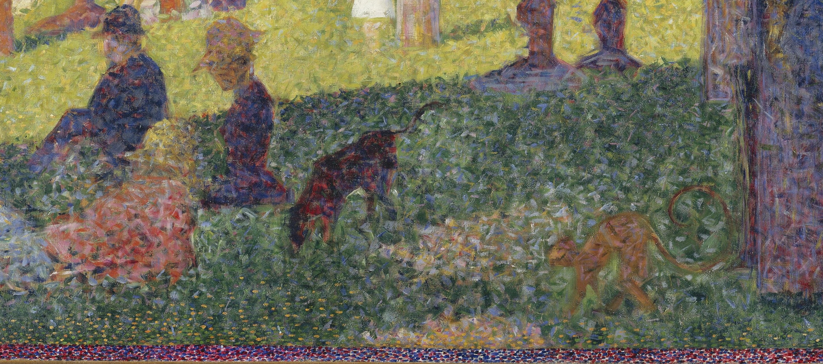 Unlike the uniform dots of the finished Chicago canvas, here the paint is applied in interlocking diagonal strokes , the 'chopped straw' technique , making this study the clearest surviving record of Seurat's transitional method before full Pointillism.