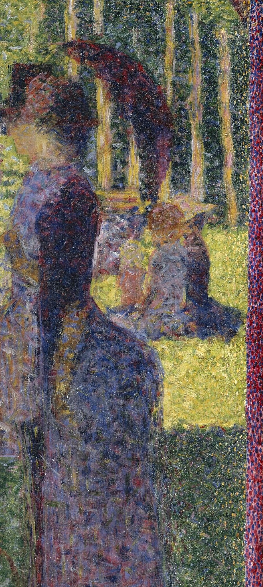 The iconic bustle silhouette from the final Chicago painting; her monumental, featureless stillness turns a leisure-goer into a monument , Seurat's most deliberate compression of a human into geometric archetype.