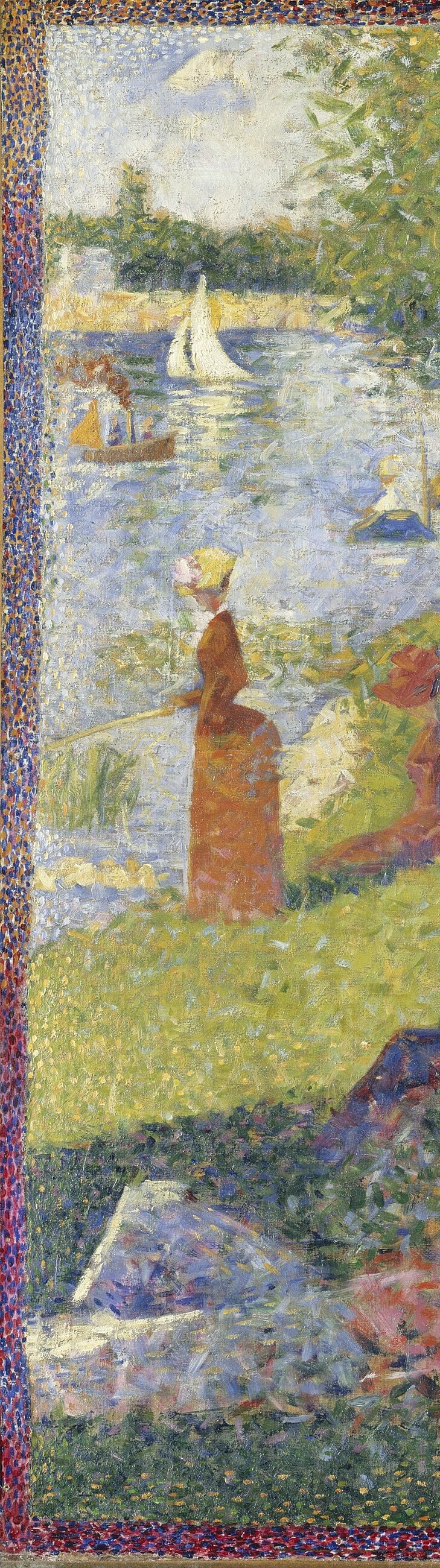 A near-black vertical pillar that compresses the entire left quarter of the composition; its flatness against the sunlit lawn is where Seurat's interest in Egyptian frieze-like abstraction is most legible.