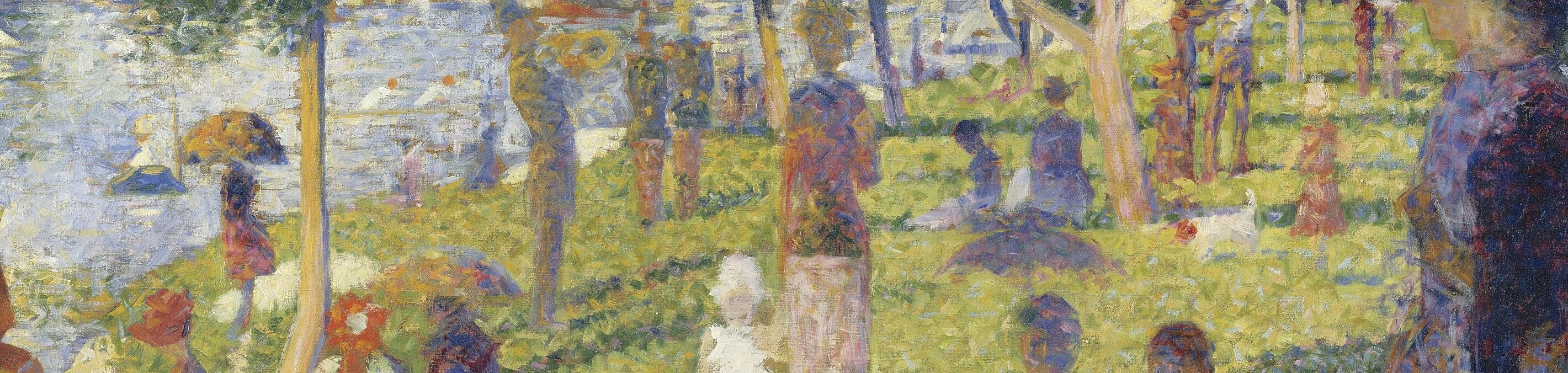 The water band is the most chromatically adventurous passage , blues, whites, and greens are woven with the loosest strokes in the composition, showing Seurat chasing the optical fusion of reflected sky-light.