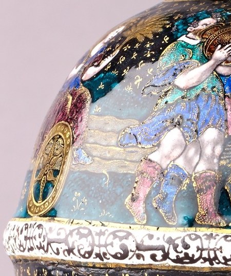 The lapis-blue mantle on her companion signals divine or noble rank.
