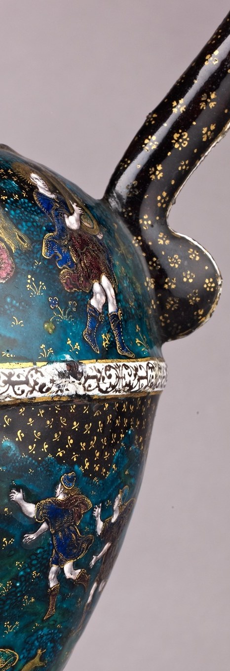 The handle's sinuous Mannerist S-curve in gilt metal is the metalworker's contribution alongside the enamelist's , the two arts are inseparable in Limoges ewer production; its scale dwarfs the narrative figures