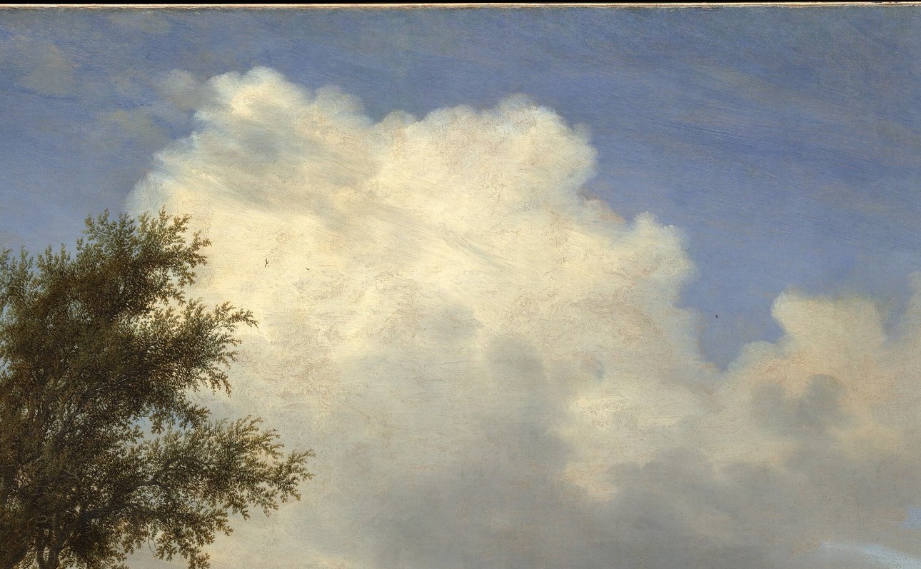 Ruysdael's signature Dutch sky , the cloud mass occupies more than half the canvas and is the true subject, demonstrating the tonal bravura that defines the Golden Age landscape tradition.