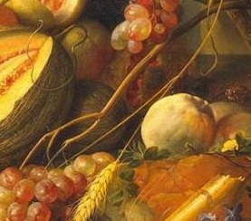 Grapes, peaches, and oranges overflowed.