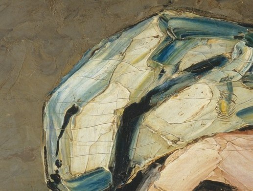 The textured brushstrokes give it a tactile quality, suggesting warmth and softness.