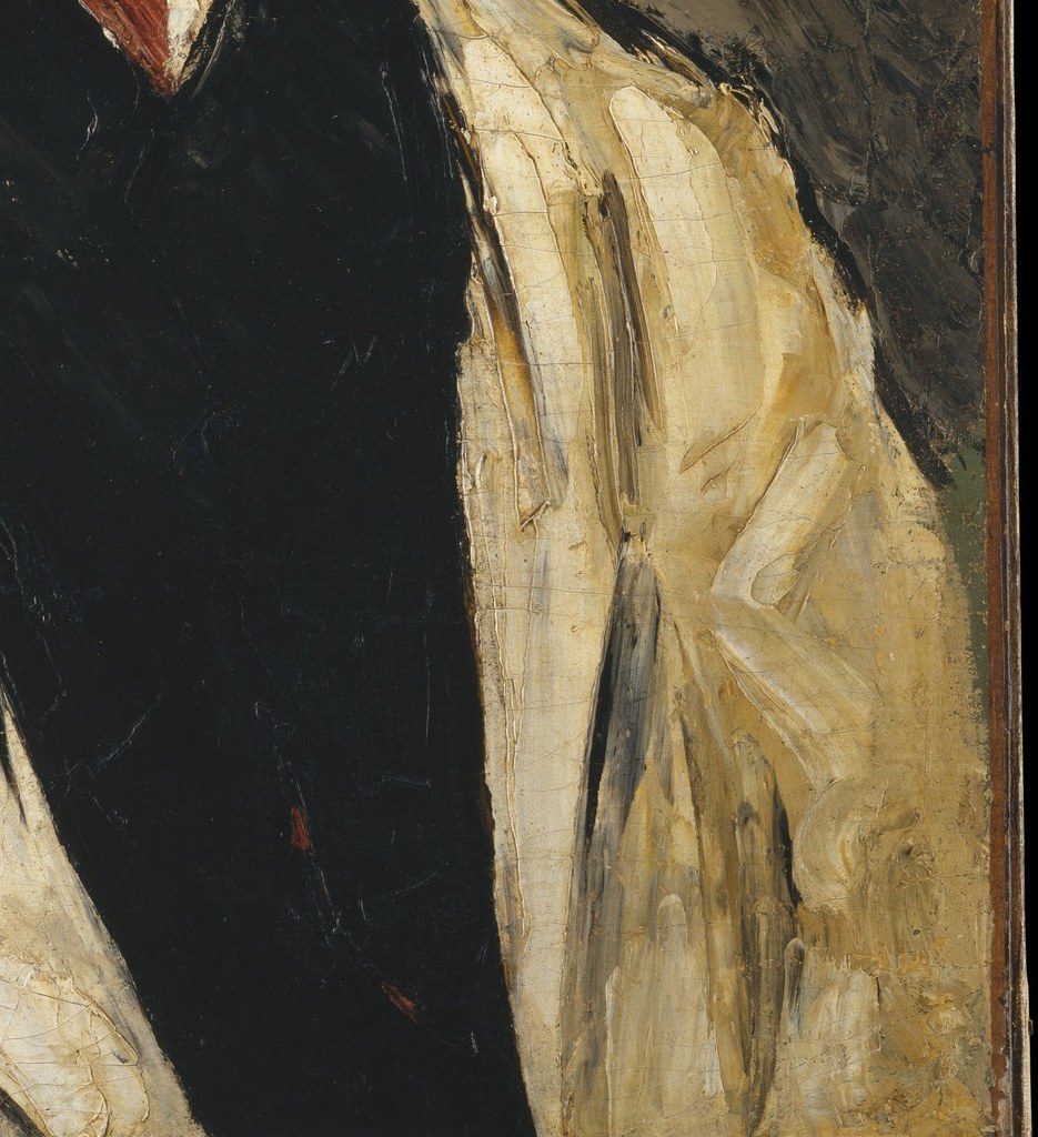 Look at the thick, almost sculpted paint of his white robe.