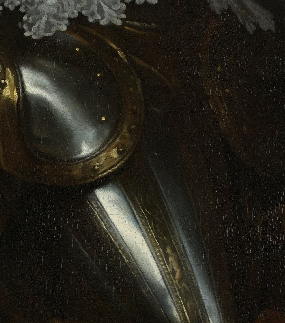 The polished metal reflects light, highlighting the craftsmanship and the subject's martial readiness.