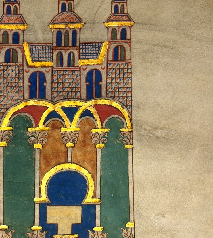 The detailed architecture, with its towers and arches, provides a symbolic setting for the divine event.