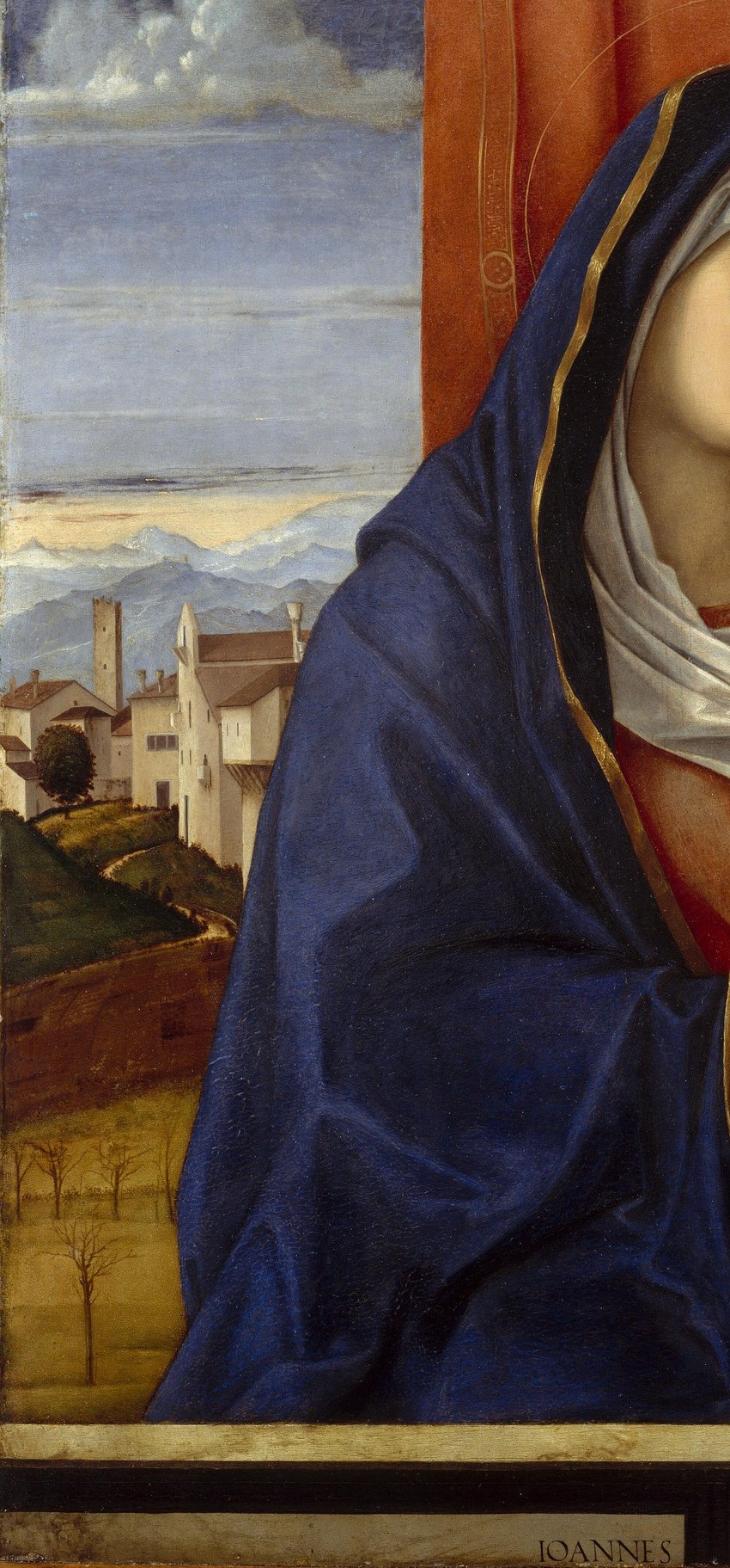 The intense ultramarine was the most costly pigment available; its expanse signals divine status and is a technical showpiece of Bellini's oil-glazing mastery